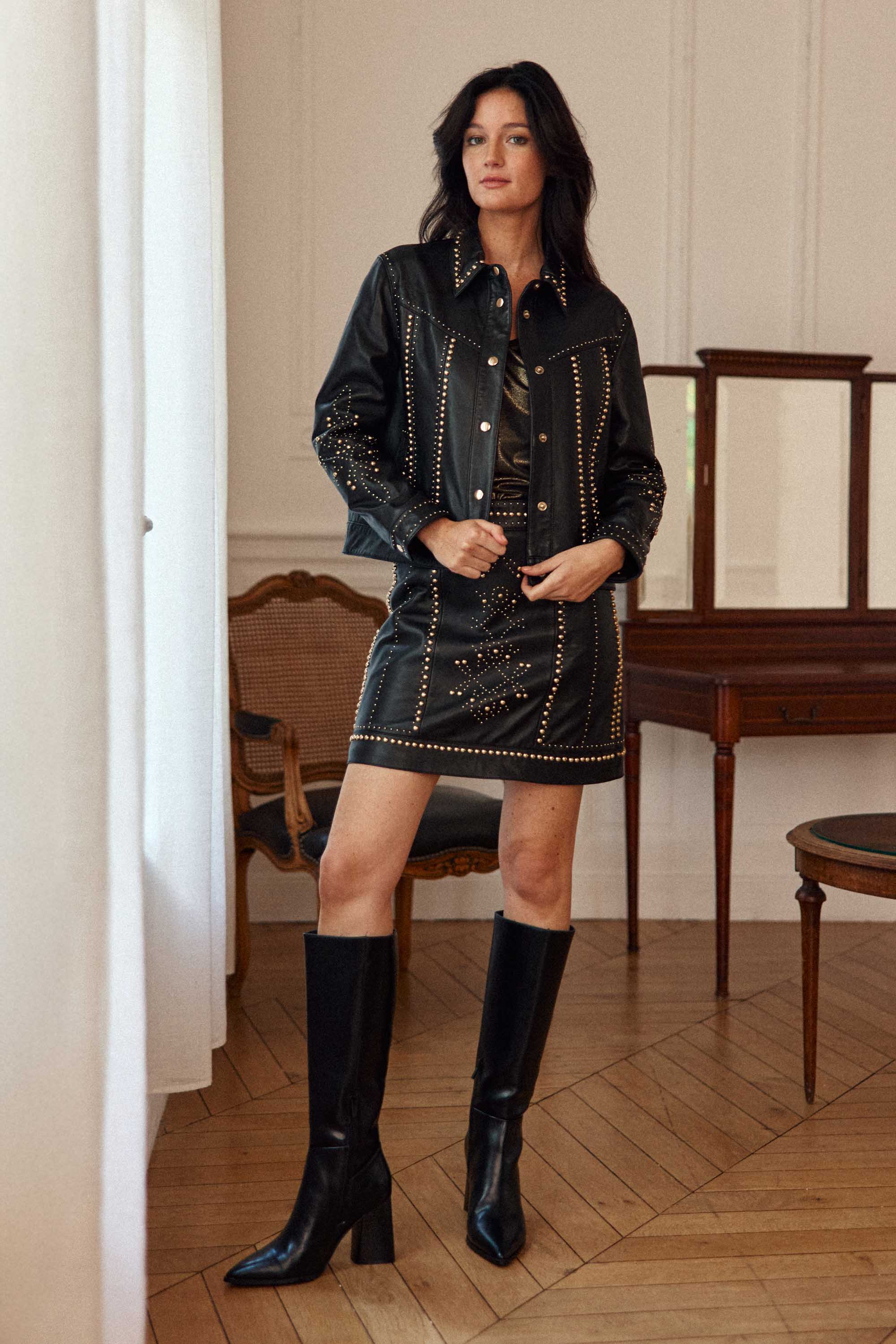 Jupe en cuir cloutée noire - Fill