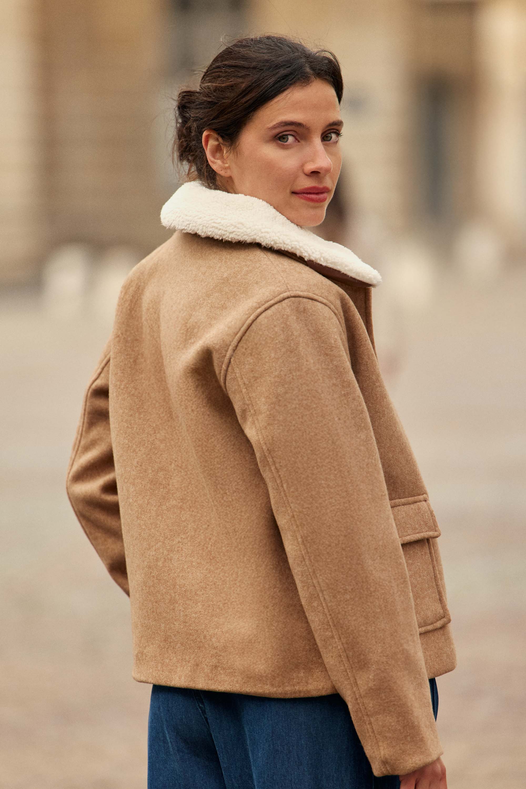 Manteau à col fausse fourrure camel - Nattie