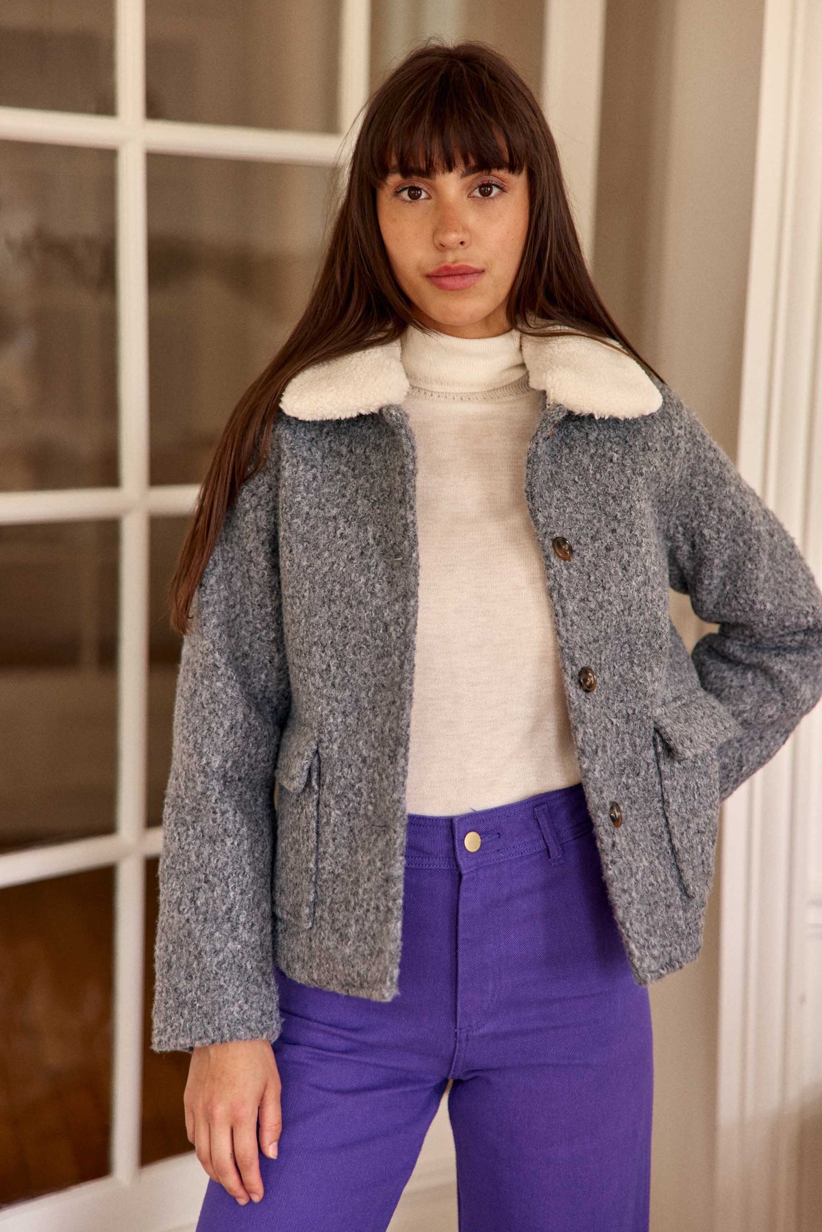 Manteau à col fausse fourrure gris - Nattie