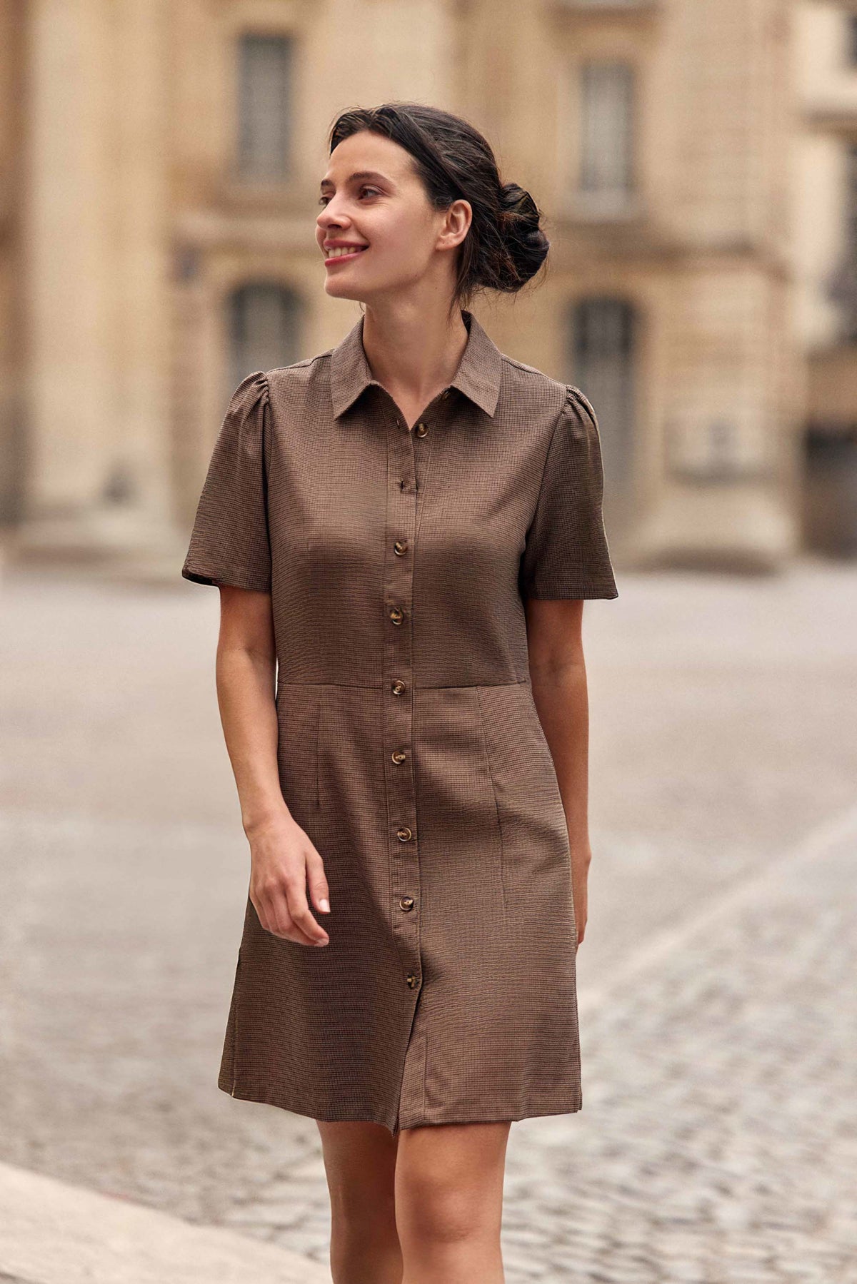 Robe courte à carreaux marron - Riny