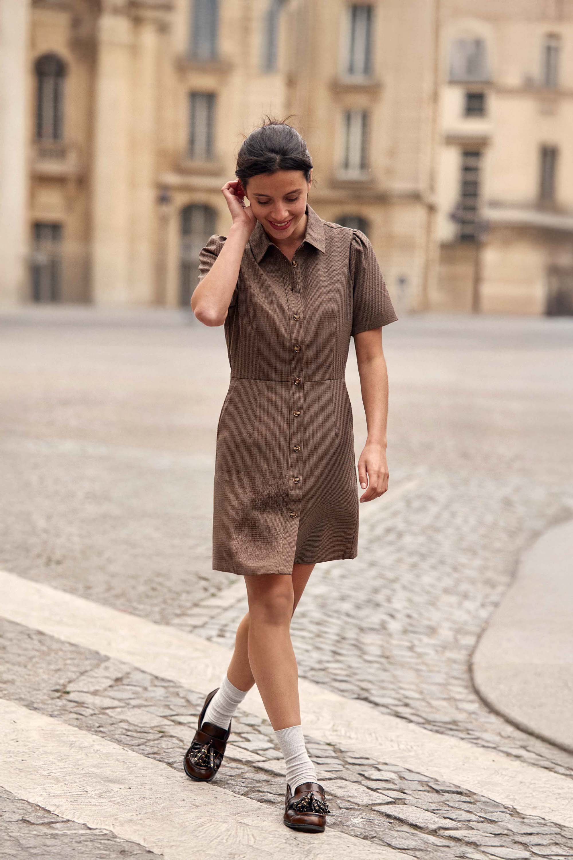 Robe courte à carreaux marron - Riny