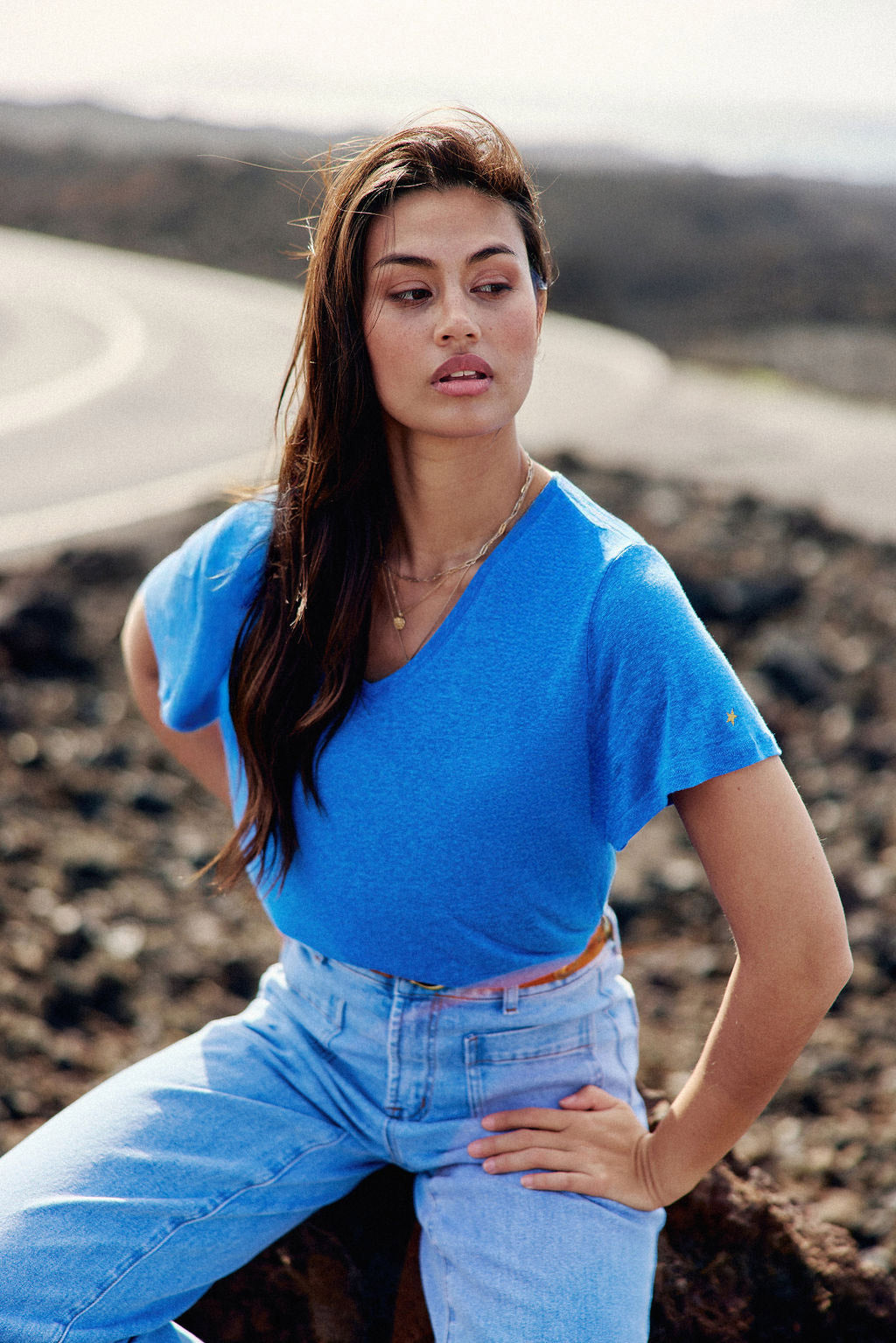 T-shirt col V bleu - Thana