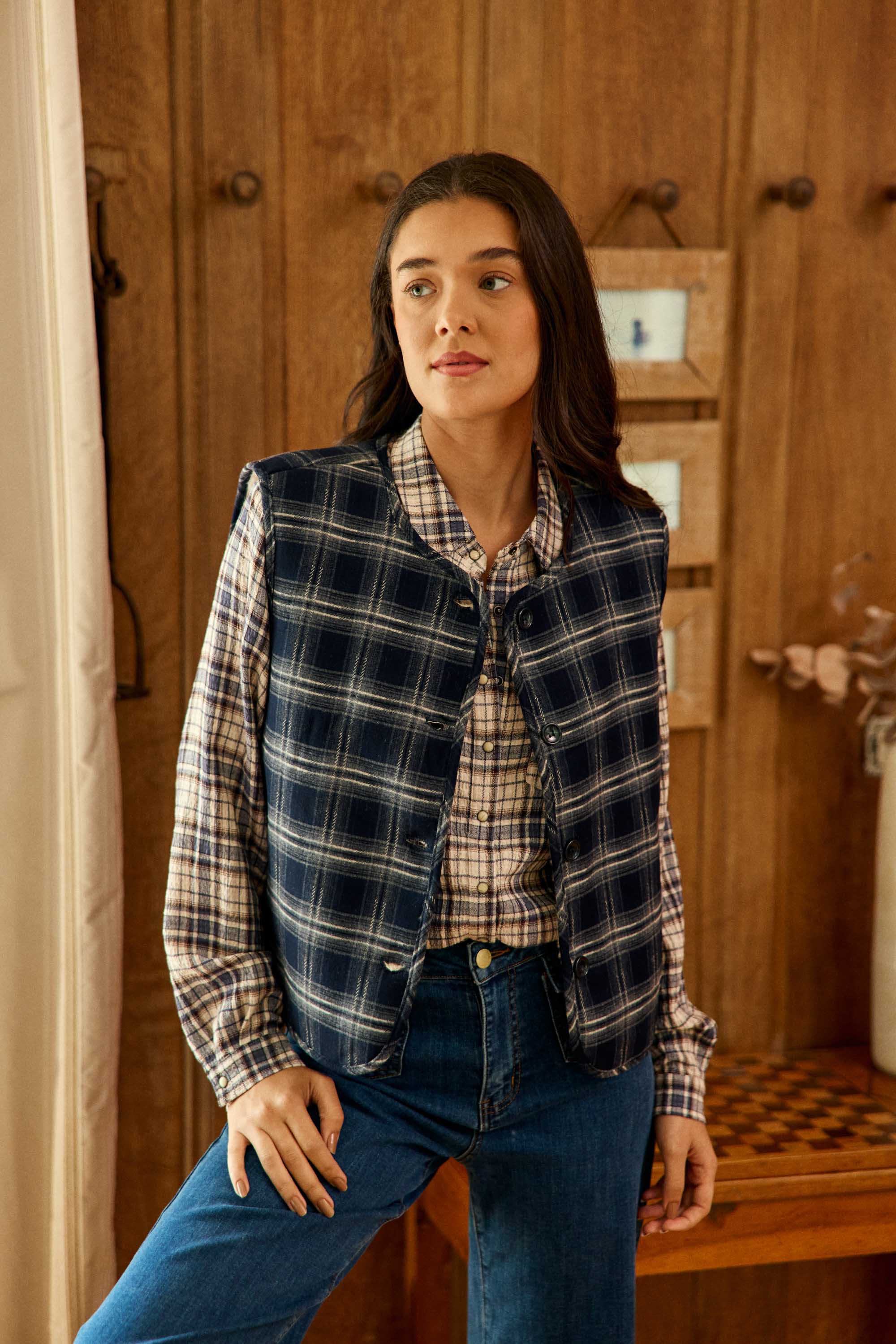 Veste sans manches à carreaux marine - Vinka