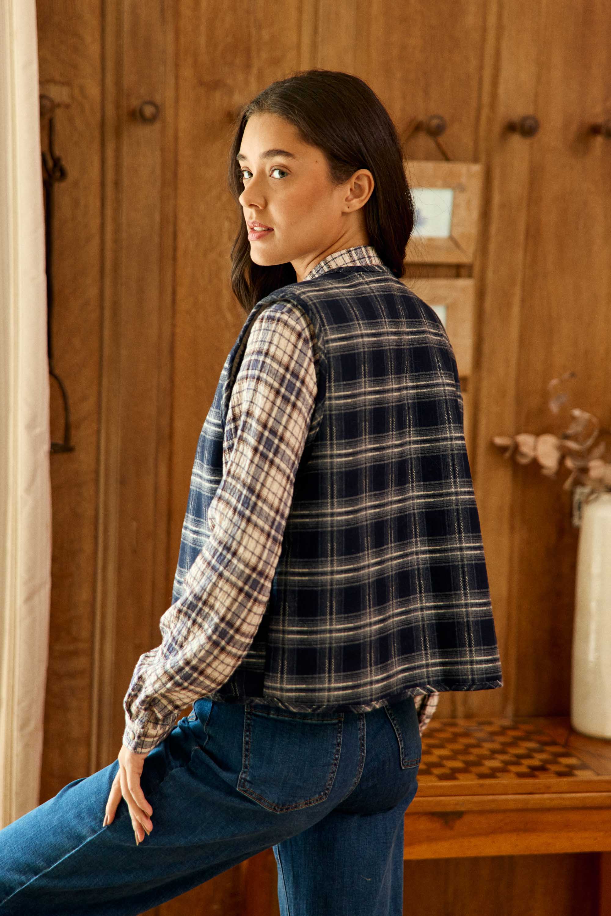Veste sans manches à carreaux marine - Vinka
